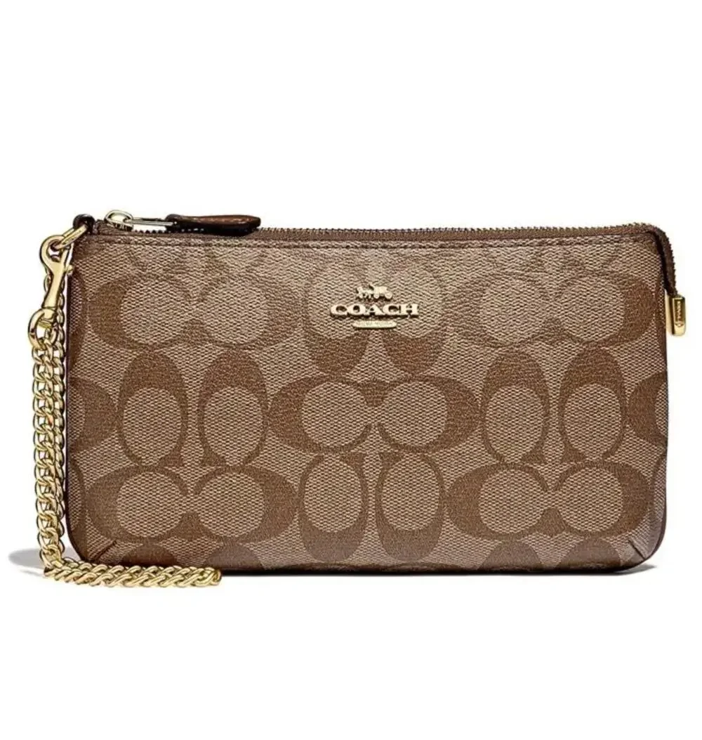 NEW Coach Signature Large Chain Wristlet with Chain Khaki Saddle Top Zip Wallet